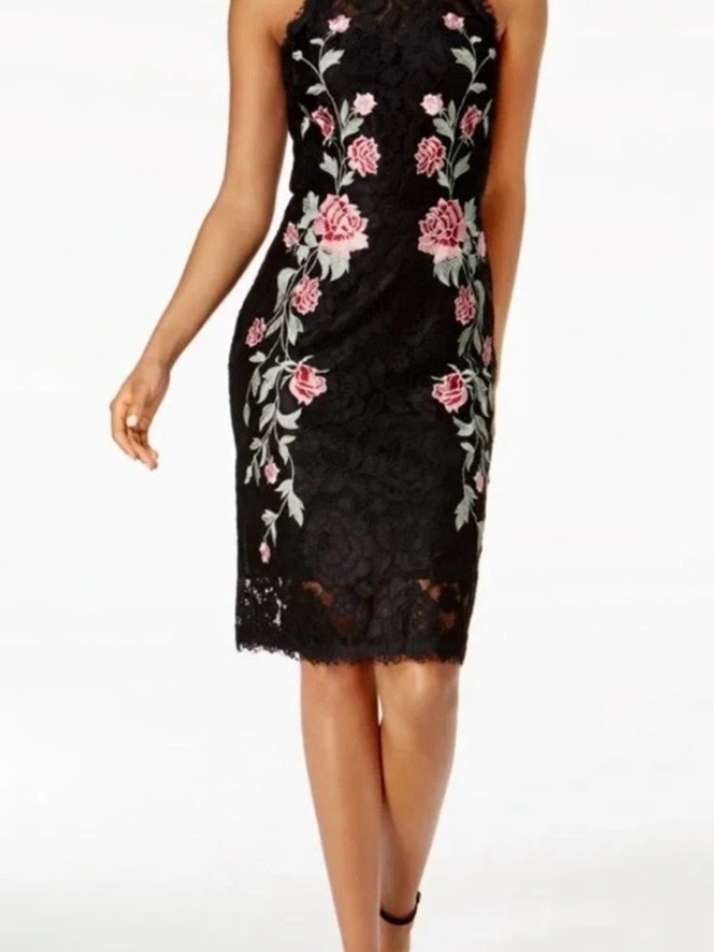 Betsy & Adam Black Lace Midi Dress with Pink Rose Embroidery